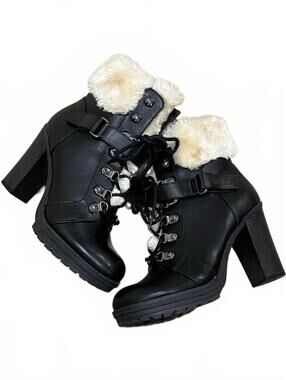 GUESS Black Faux Leather Lace-Up Block Heel Combat Boots Fur Cuff Moto Y2K 6